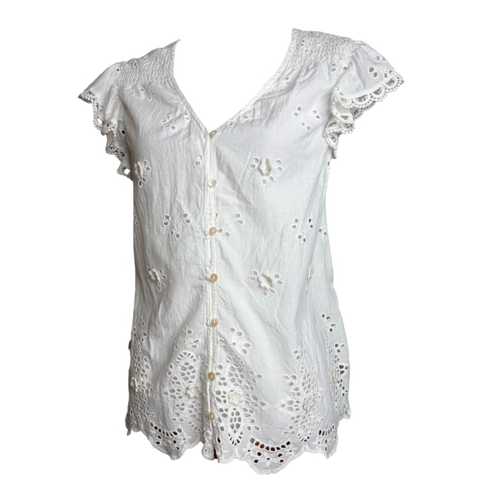 Love The Label White Eyelet Cotton Blouse Sheer Lace Flutter Sleeve Boho Top L - Picture 4 of 11